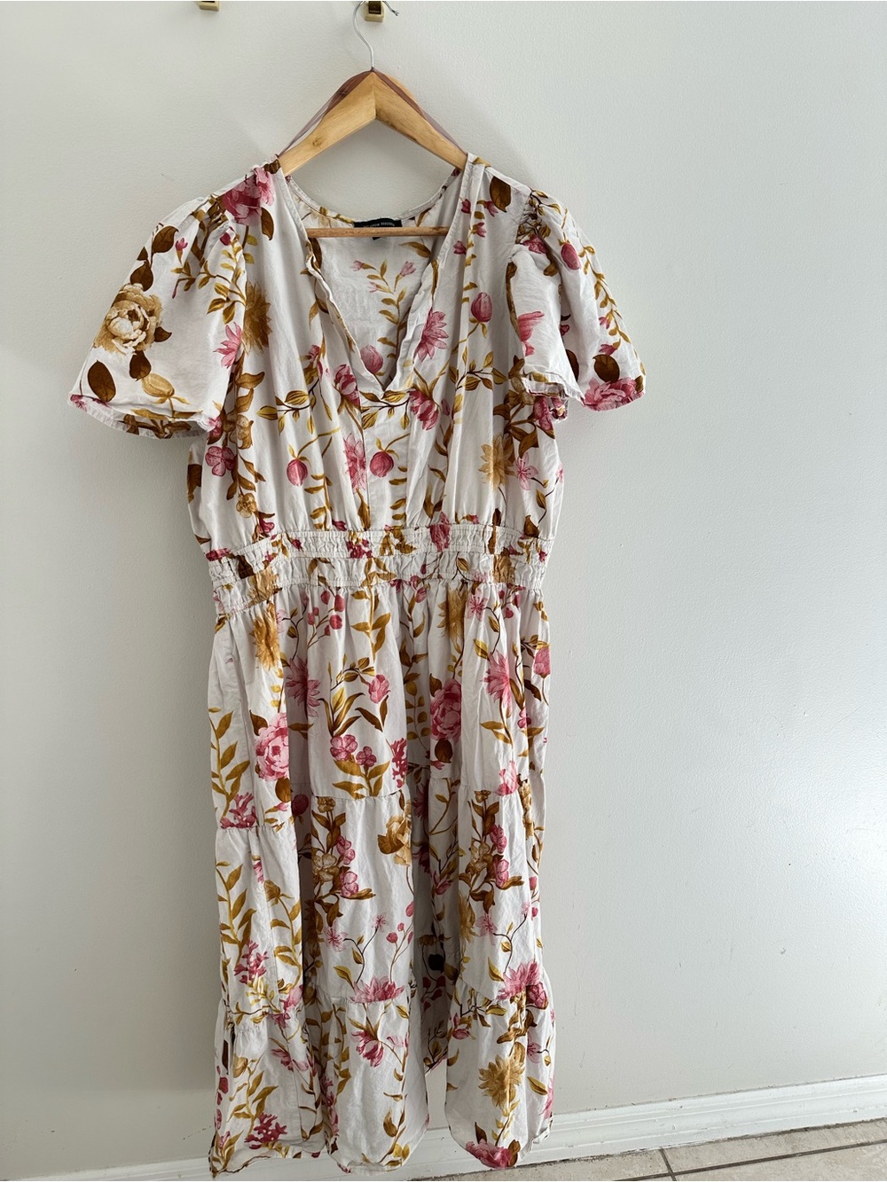 White Floral Midi Dress with Pink & Mustard Blooms